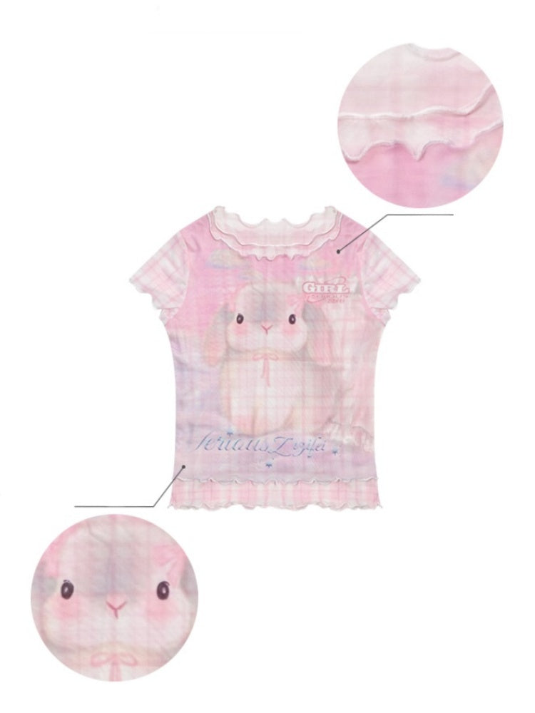 Faux Layered Plaid Rabbit Print Mesh Mellow Ruffle Short Sleeve T-Shirt【s0000013057】
