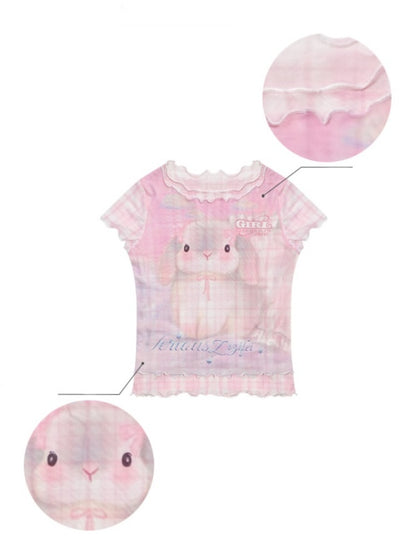 Faux Layered Plaid Rabbit Print Mesh Mellow Ruffle Short Sleeve T-Shirt【s0000013057】