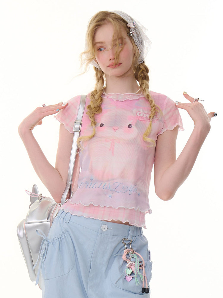Faux Layered Plaid Rabbit Print Mesh Mellow Ruffle Short Sleeve T-Shirt【s0000013057】