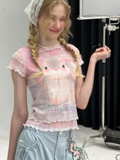 Faux Layered Plaid Rabbit Print Mesh Mellow Ruffle Short Sleeve T-Shirt【s0000013057】