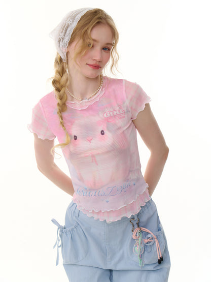 Faux Layered Plaid Rabbit Print Mesh Mellow Ruffle Short Sleeve T-Shirt【s0000013057】