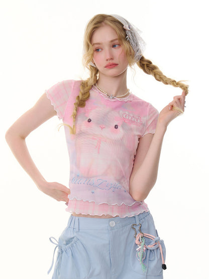 Faux Layered Plaid Rabbit Print Mesh Mellow Ruffle Short Sleeve T-Shirt【s0000013057】