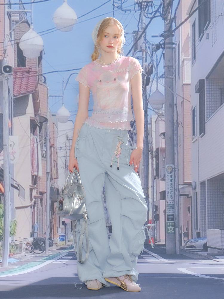 Faux Layered Plaid Rabbit Print Mesh Mellow Ruffle Short Sleeve T-Shirt【s0000013057】