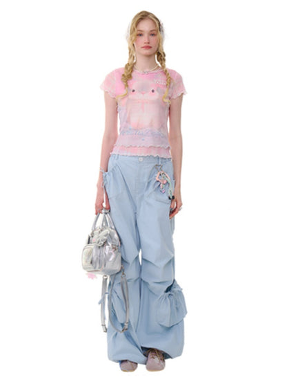 Faux Layered Plaid Rabbit Print Mesh Mellow Ruffle Short Sleeve T-Shirt【s0000013057】
