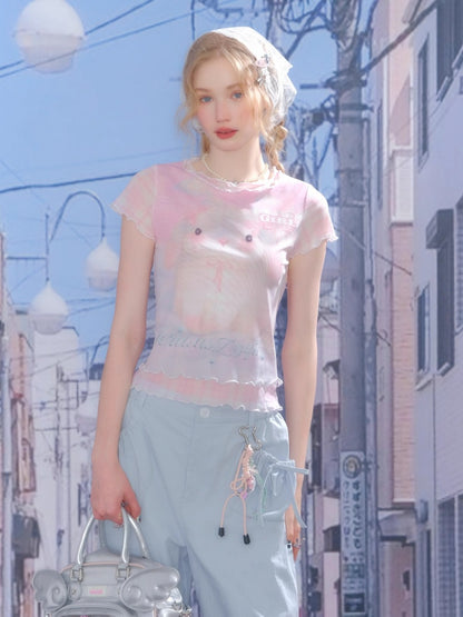 Faux Layered Plaid Rabbit Print Mesh Mellow Ruffle Short Sleeve T-Shirt【s0000013057】