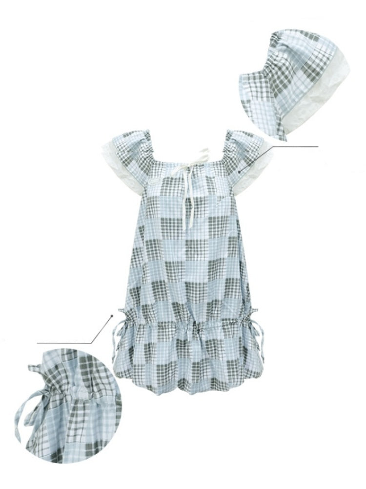 Plaid Square Neck Ruffle Sleeves Dress【s0000013058】