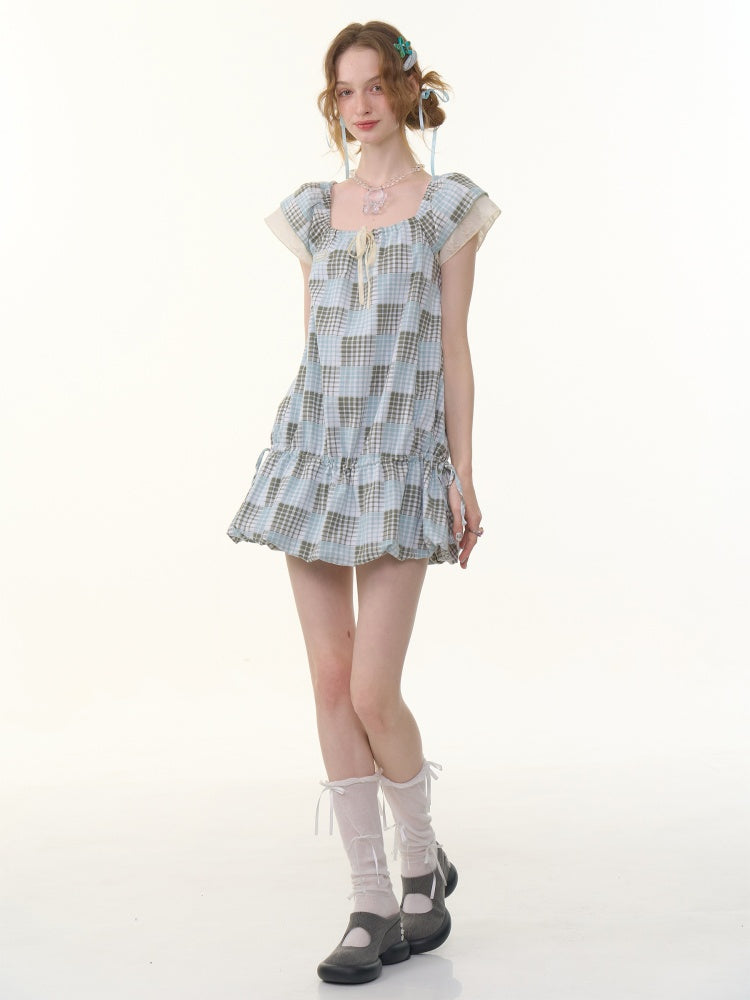 Plaid Square Neck Ruffle Sleeves Dress【s0000013058】