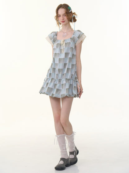 Plaid Square Neck Ruffle Sleeves Dress【s0000013058】