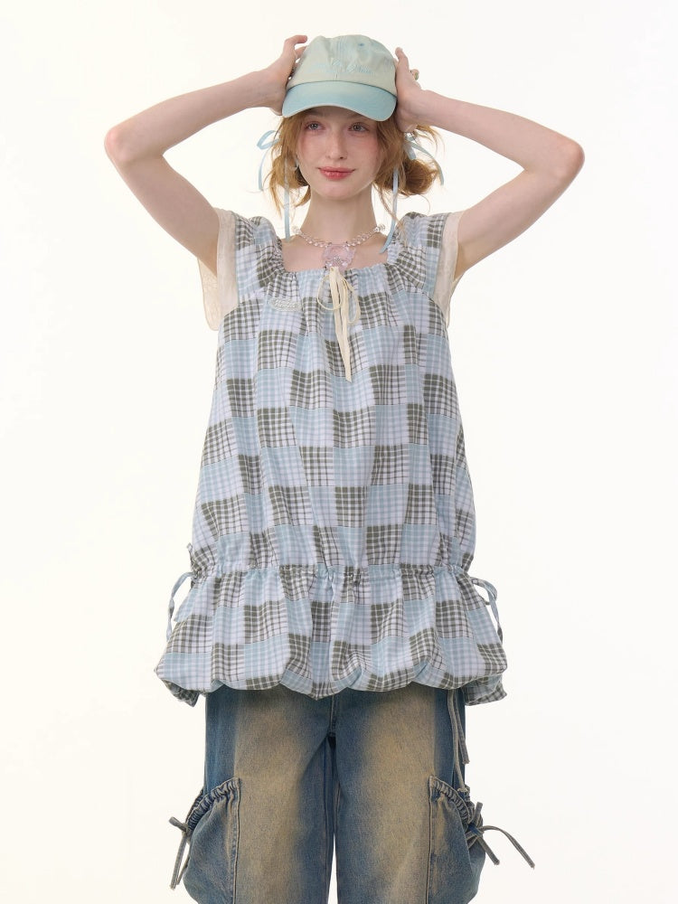 Plaid Square Neck Ruffle Sleeves Dress【s0000013058】