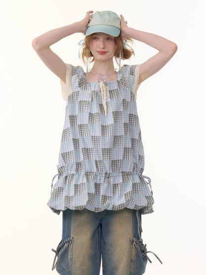 Plaid Square Neck Ruffle Sleeves Dress【s0000013058】