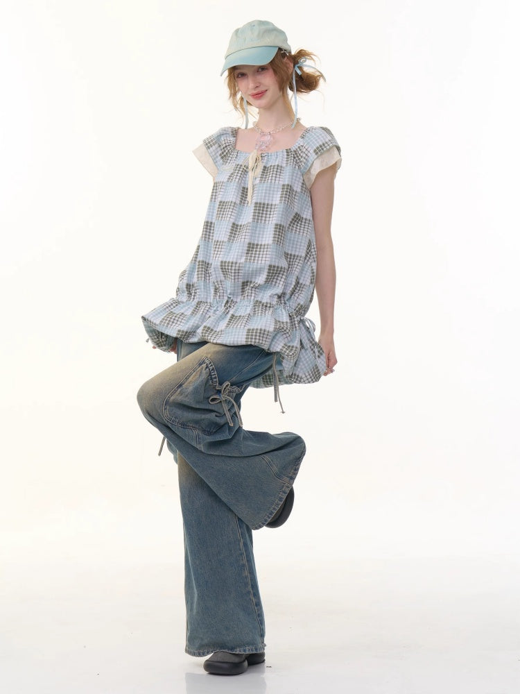 Plaid Square Neck Ruffle Sleeves Dress【s0000013058】