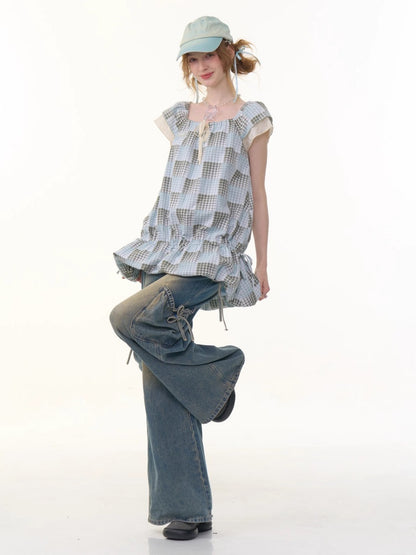 Plaid Square Neck Ruffle Sleeves Dress【s0000013058】