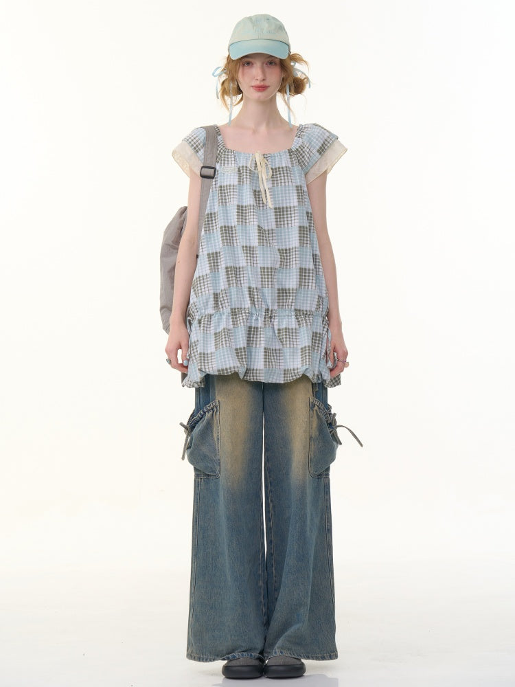 Plaid Square Neck Ruffle Sleeves Dress【s0000013058】