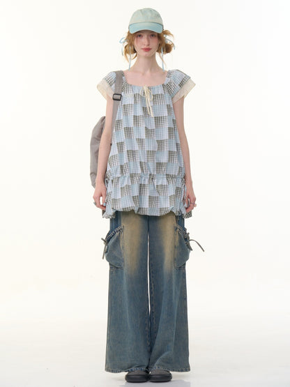 Plaid Square Neck Ruffle Sleeves Dress【s0000013058】