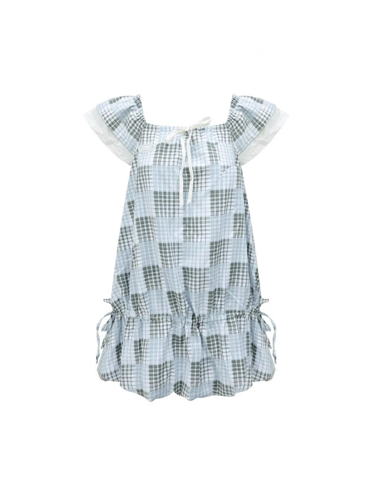 Plaid Square Neck Ruffle Sleeves Dress【s0000013058】