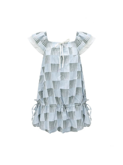 Plaid Square Neck Ruffle Sleeves Dress【s0000013058】