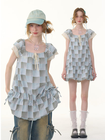 Plaid Square Neck Ruffle Sleeves Dress【s0000013058】