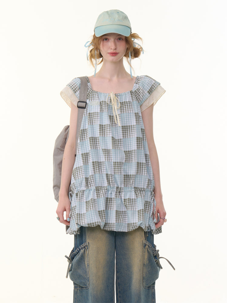 Plaid Square Neck Ruffle Sleeves Dress【s0000013058】