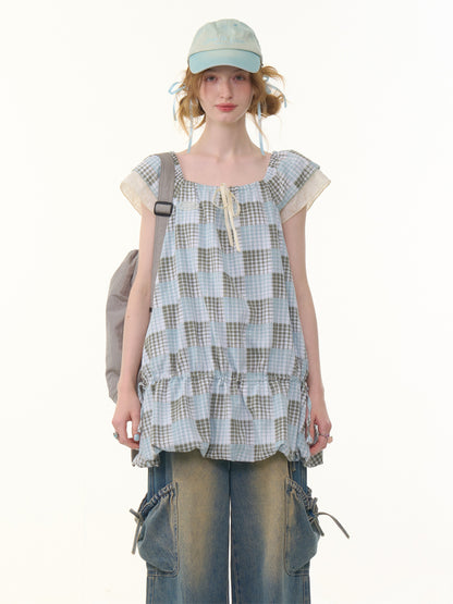 Plaid Square Neck Ruffle Sleeves Dress【s0000013058】