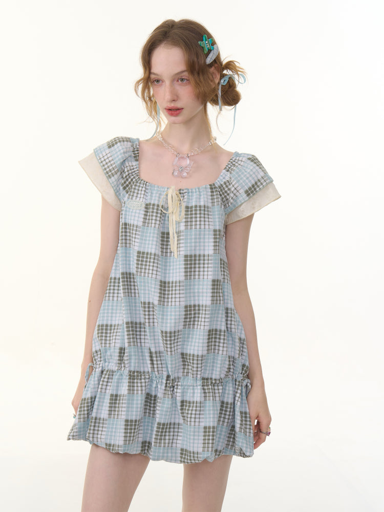 Plaid Square Neck Ruffle Sleeves Dress【s0000013058】