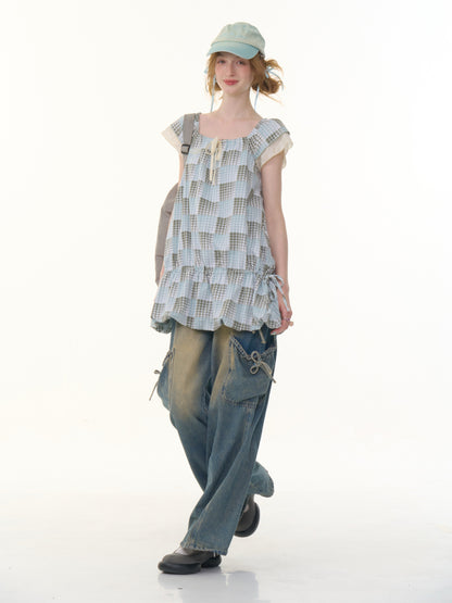 Plaid Square Neck Ruffle Sleeves Dress【s0000013058】