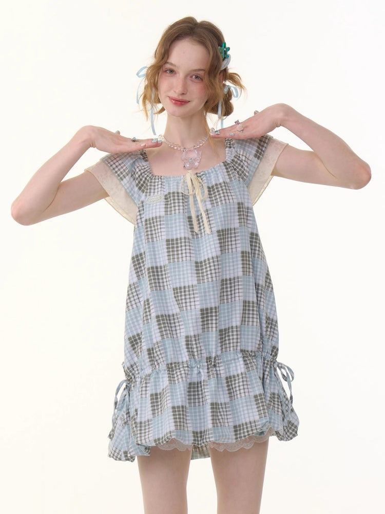 Plaid Square Neck Ruffle Sleeves Dress【s0000013058】