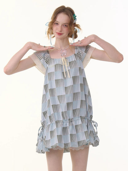 Plaid Square Neck Ruffle Sleeves Dress【s0000013058】