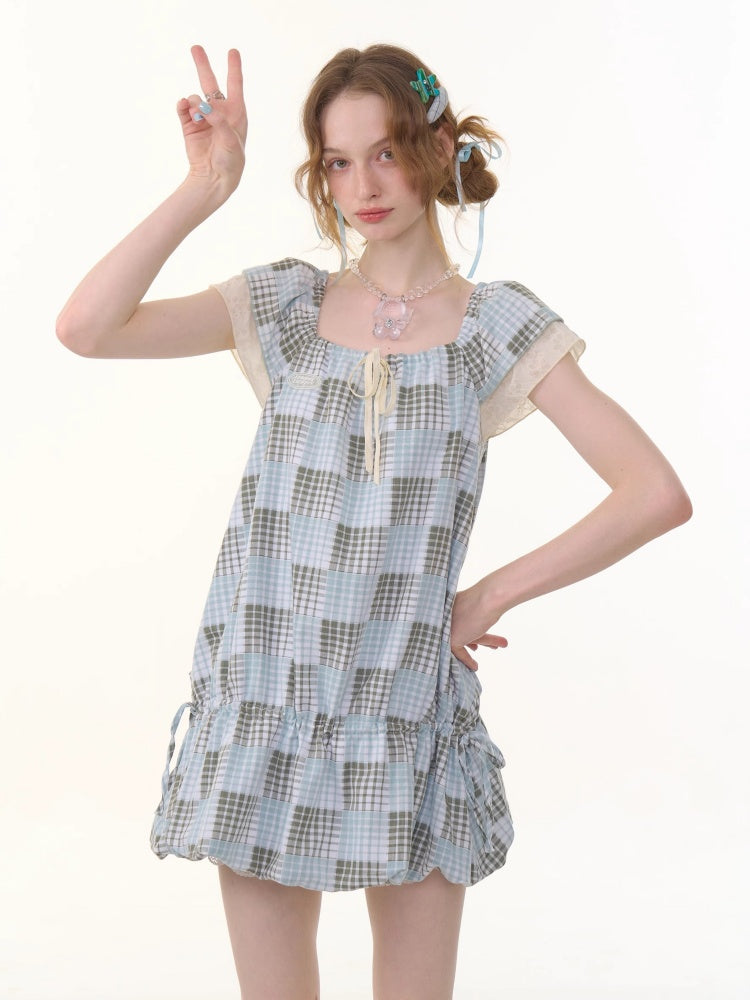 Plaid Square Neck Ruffle Sleeves Dress【s0000013058】