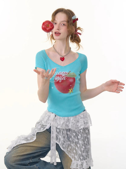 Apple Print V-Neck Mesh Short Sleeve T-Shirt【s0000013059】