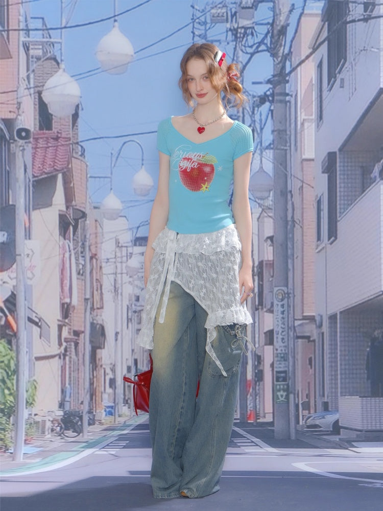 Apple Print V-Neck Mesh Short Sleeve T-Shirt【s0000013059】
