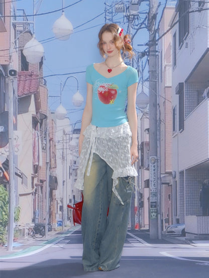Apple Print V-Neck Mesh Short Sleeve T-Shirt【s0000013059】