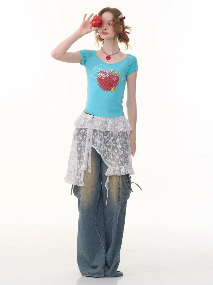 Apple Print V-Neck Mesh Short Sleeve T-Shirt【s0000013059】