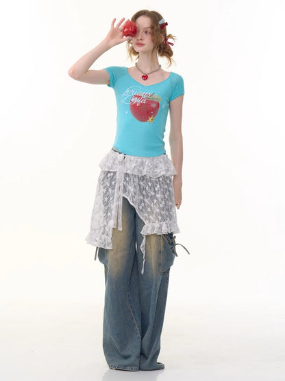 Apple Print V-Neck Mesh Short Sleeve T-Shirt【s0000013059】