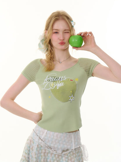 Apple Print V-Neck Mesh Short Sleeve T-Shirt【s0000013059】
