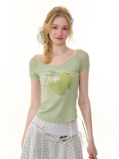 Apple Print V-Neck Mesh Short Sleeve T-Shirt【s0000013059】