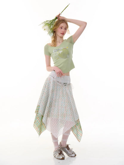 Apple Print V-Neck Mesh Short Sleeve T-Shirt【s0000013059】