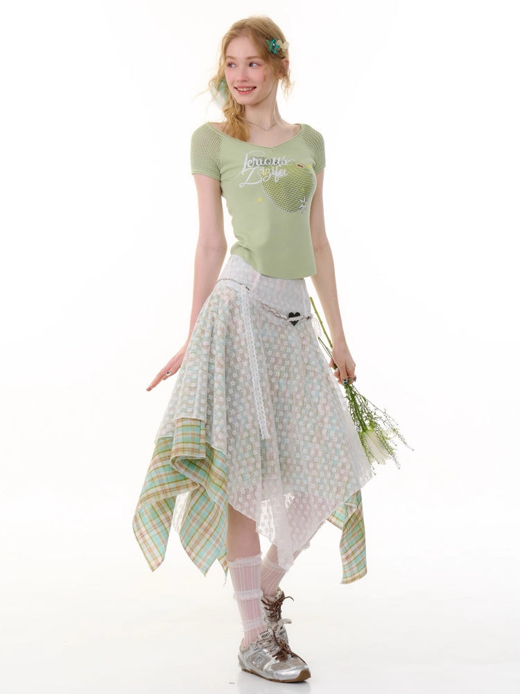 Apple Print V-Neck Mesh Short Sleeve T-Shirt【s0000013059】