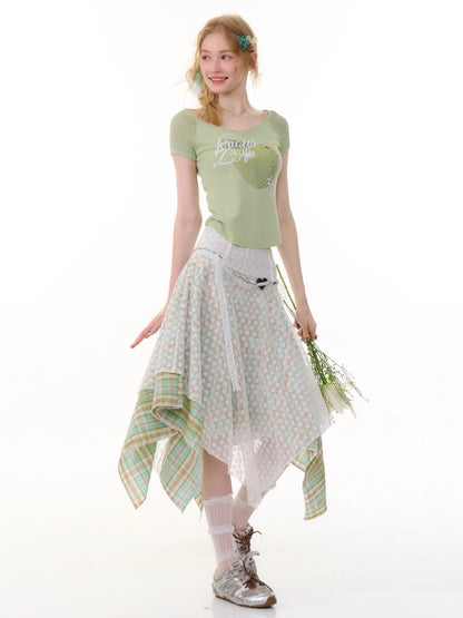 Apple Print V-Neck Mesh Short Sleeve T-Shirt【s0000013059】