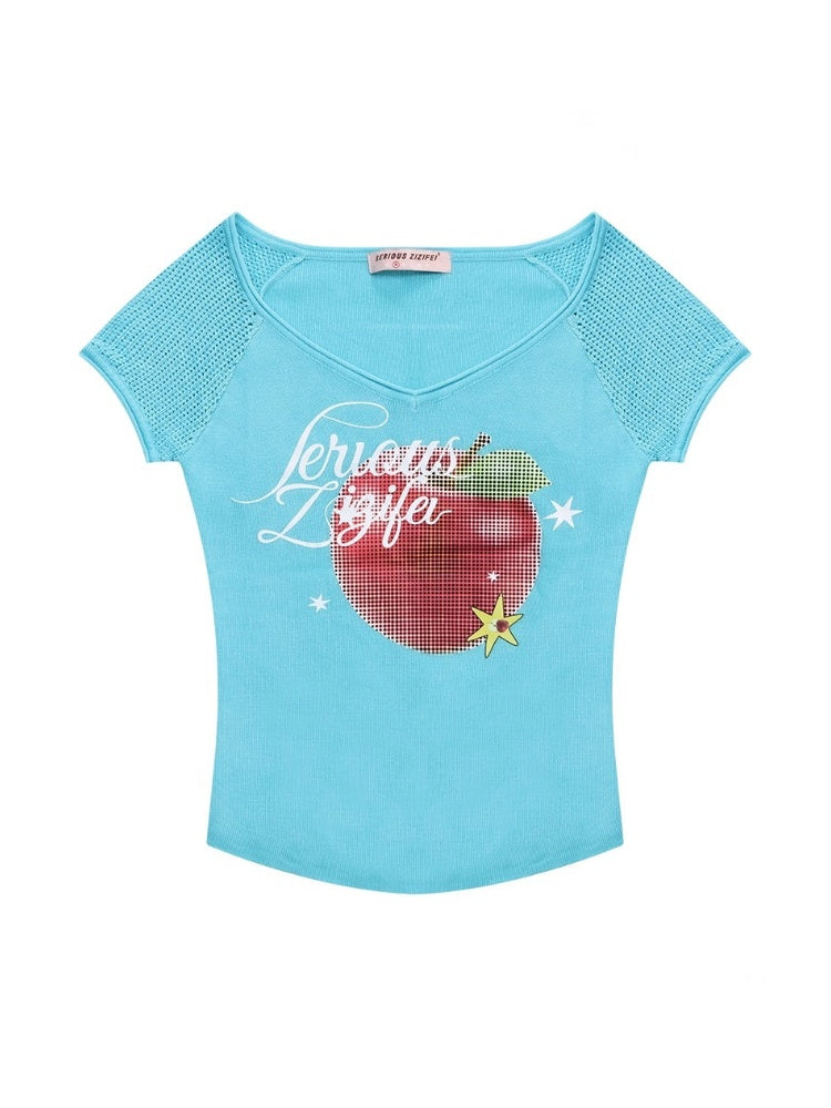 Apple Print V-Neck Mesh Short Sleeve T-Shirt【s0000013059】