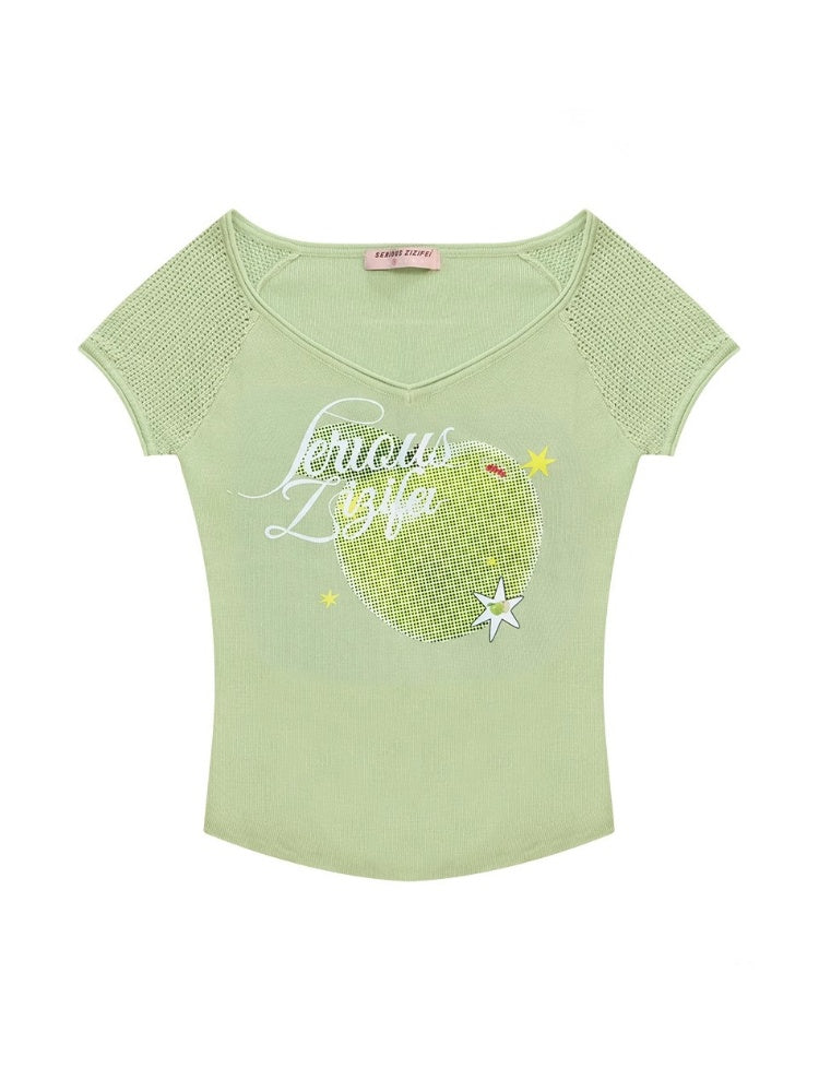 Apple Print V-Neck Mesh Short Sleeve T-Shirt【s0000013059】