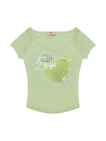 Apple Print V-Neck Mesh Short Sleeve T-Shirt【s0000013059】