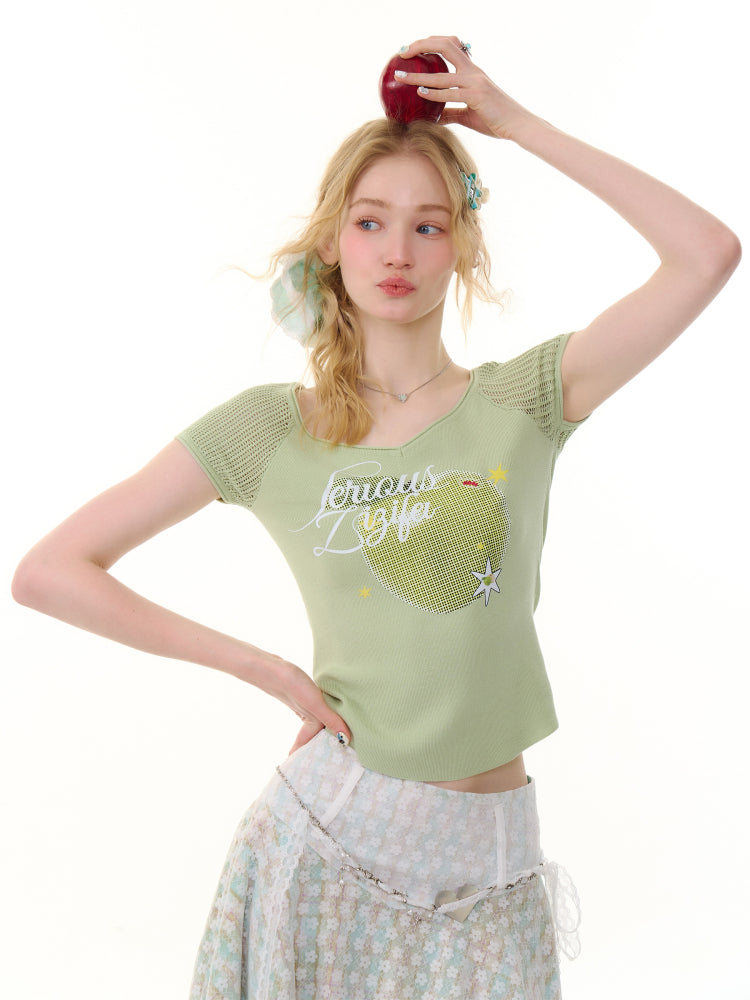 Apple Print V-Neck Mesh Short Sleeve T-Shirt【s0000013059】
