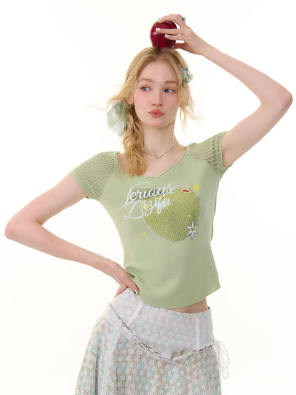 Apple Print V-Neck Mesh Short Sleeve T-Shirt【s0000013059】