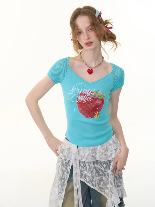 Apple Print V-Neck Mesh Short Sleeve T-Shirt【s0000013059】