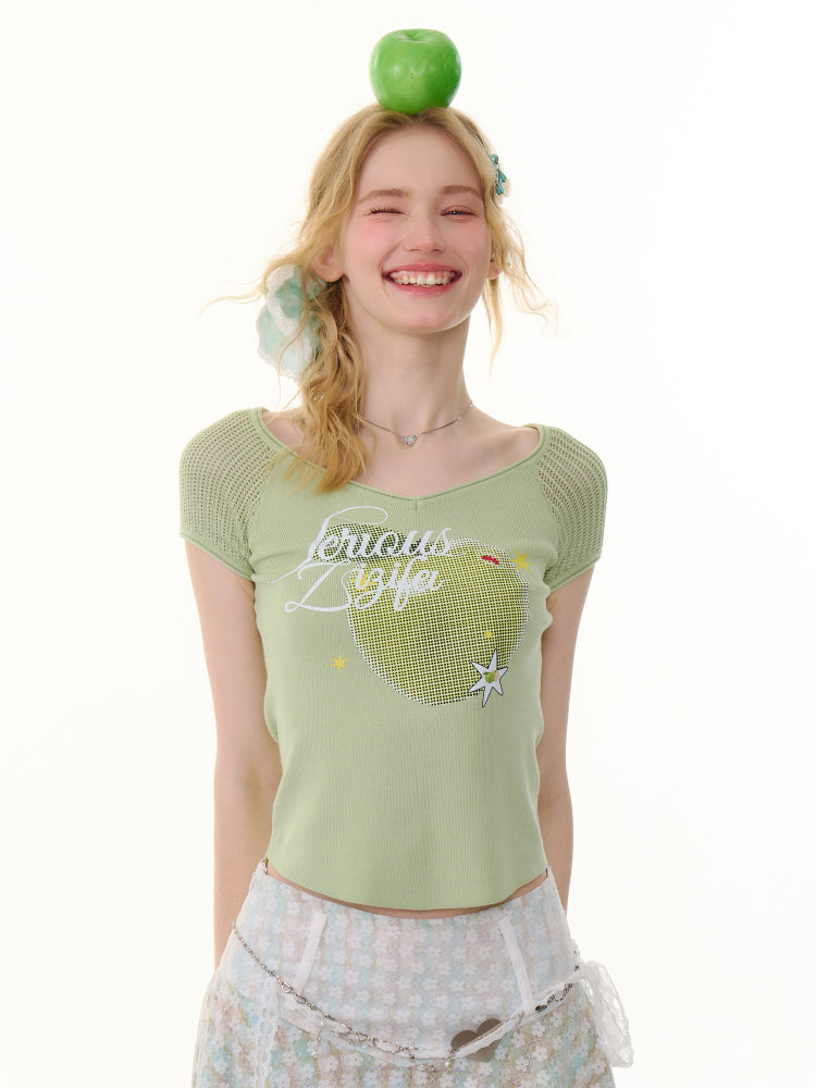 Apple Print V-Neck Mesh Short Sleeve T-Shirt【s0000013059】