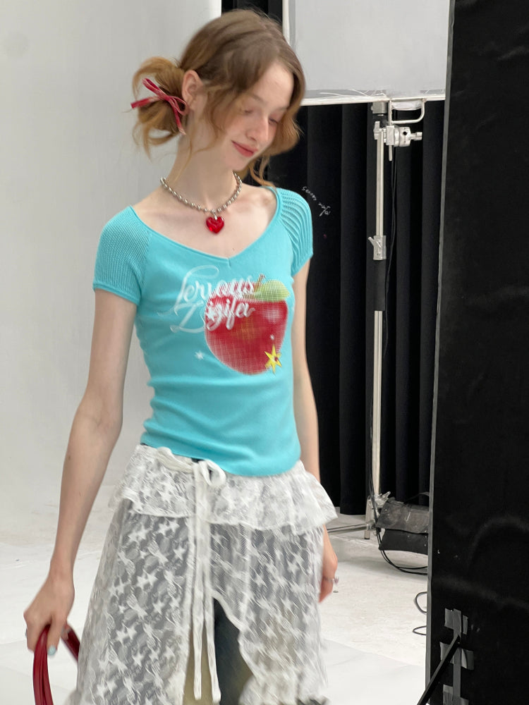 Apple Print V-Neck Mesh Short Sleeve T-Shirt【s0000013059】