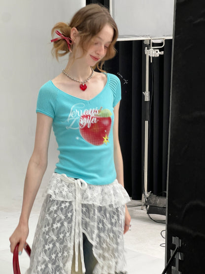 Apple Print V-Neck Mesh Short Sleeve T-Shirt【s0000013059】