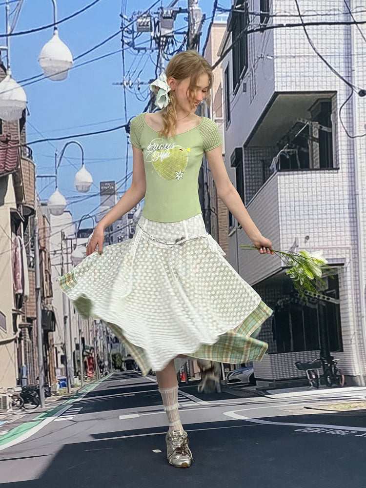 Apple Print V-Neck Mesh Short Sleeve T-Shirt【s0000013059】