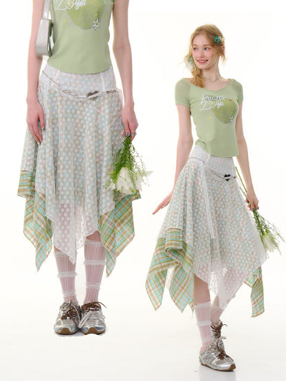 Lace Stitching Irregular Hem Plaid Skirt【s0000013060】