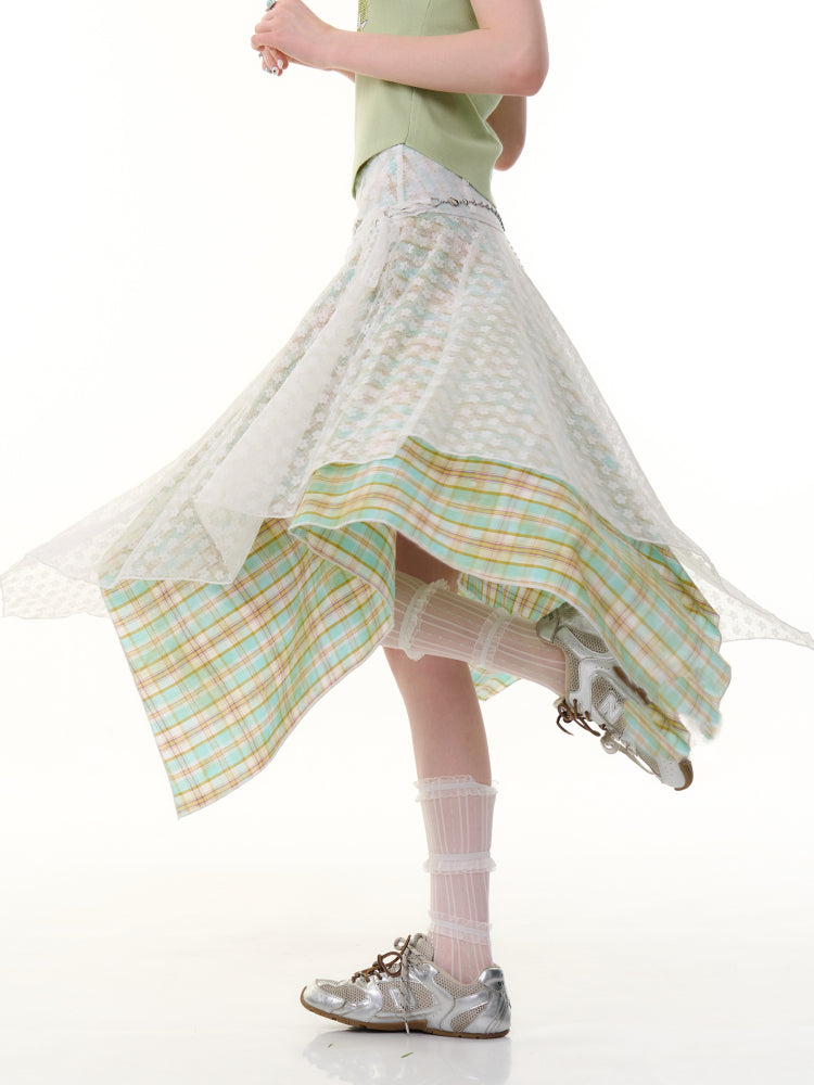 Lace Stitching Irregular Hem Plaid Skirt【s0000013060】